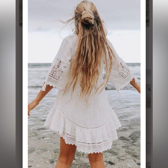 Spell and the Gypsy Abigail Mini Dress Womens SMALL Ivory White Lace Cotton Belt - Picture 2 of 14